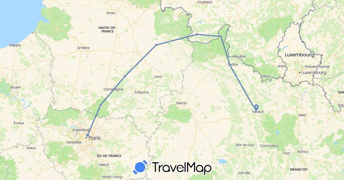 TravelMap itinerary: driving, cycling in Belgium, France (Europe)