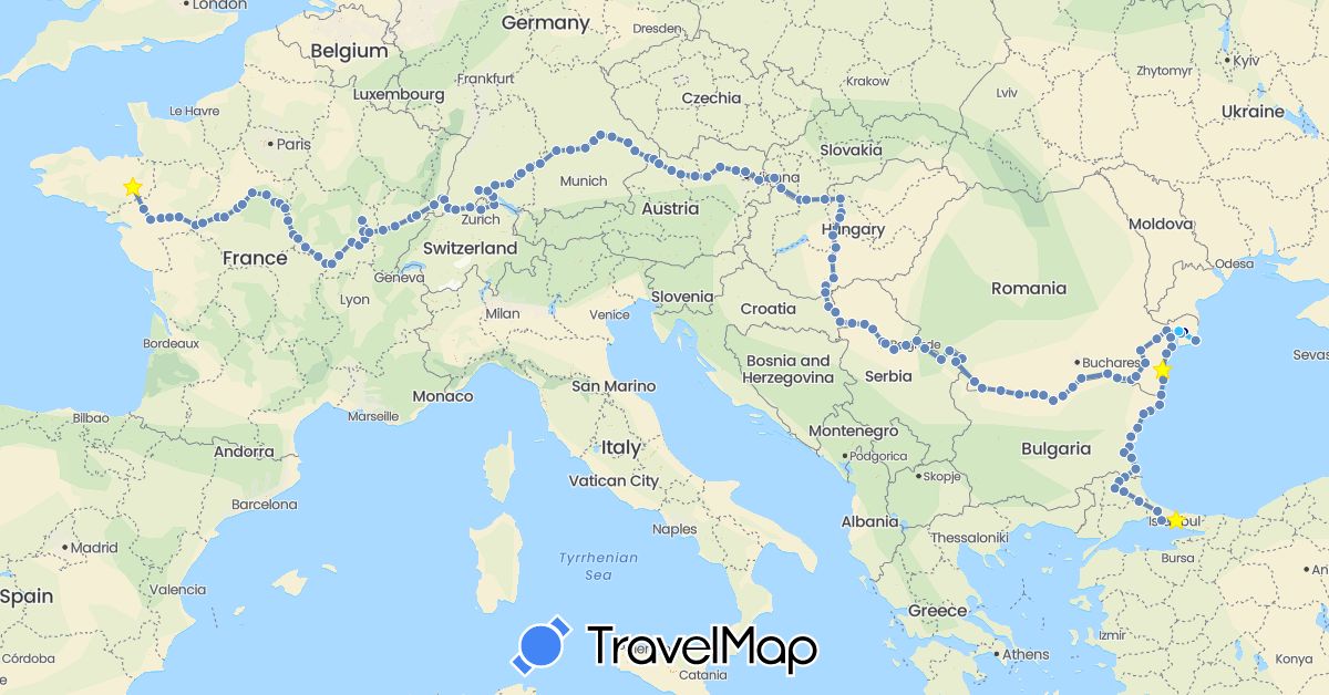 TravelMap itinerary: driving, cycling, boat in Austria, Bulgaria, Switzerland, Germany, France, Croatia, Hungary, Romania, Serbia, Slovakia, Turkey (Asia, Europe)